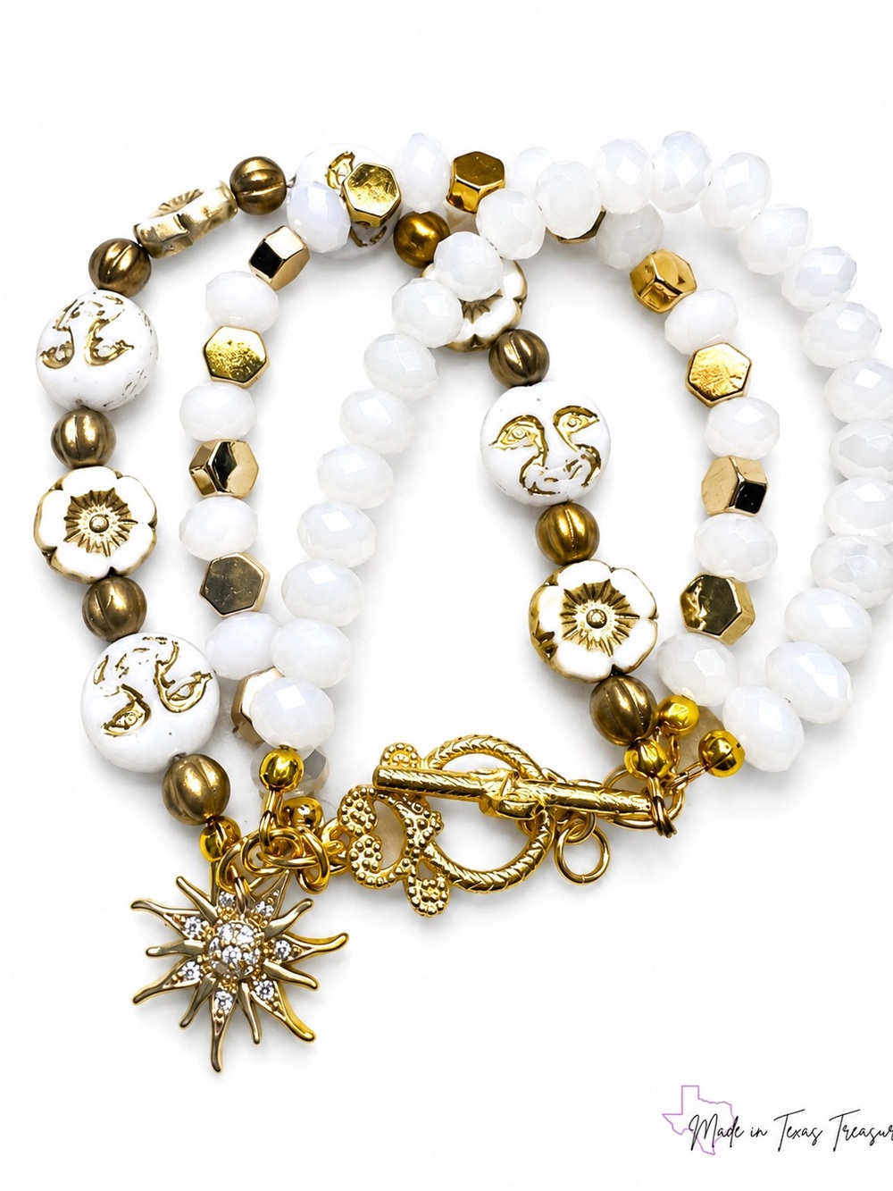 White and Gold Beaded triple strand stack Bracelet with moon and sun Charm